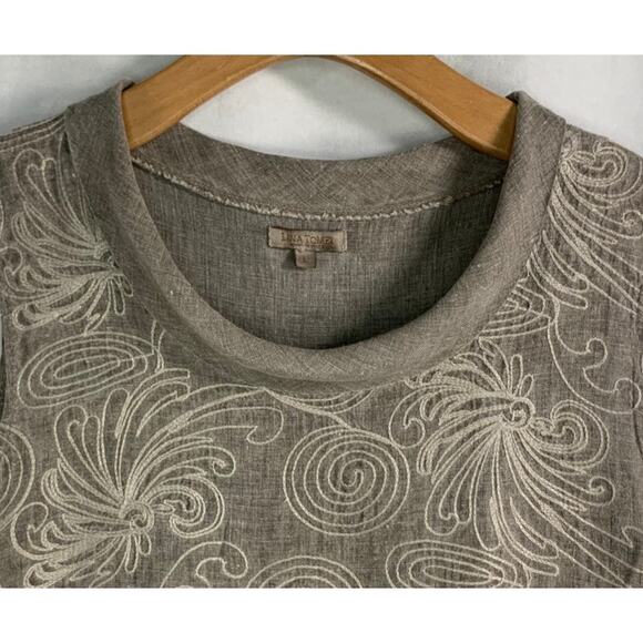 Lina Tomei Linen Embroidered Front Taupe Dress Pockets Classy Comfort Size L - Picture 6 of 8